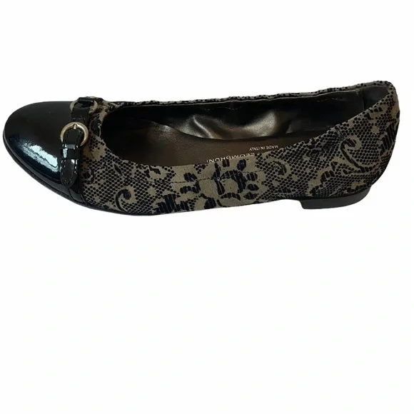 AGL Ballet Flats EU 38 / US 8 Black Patent Leather Monika Cap Toe Velvet Brocade - Picture 5 of 11
